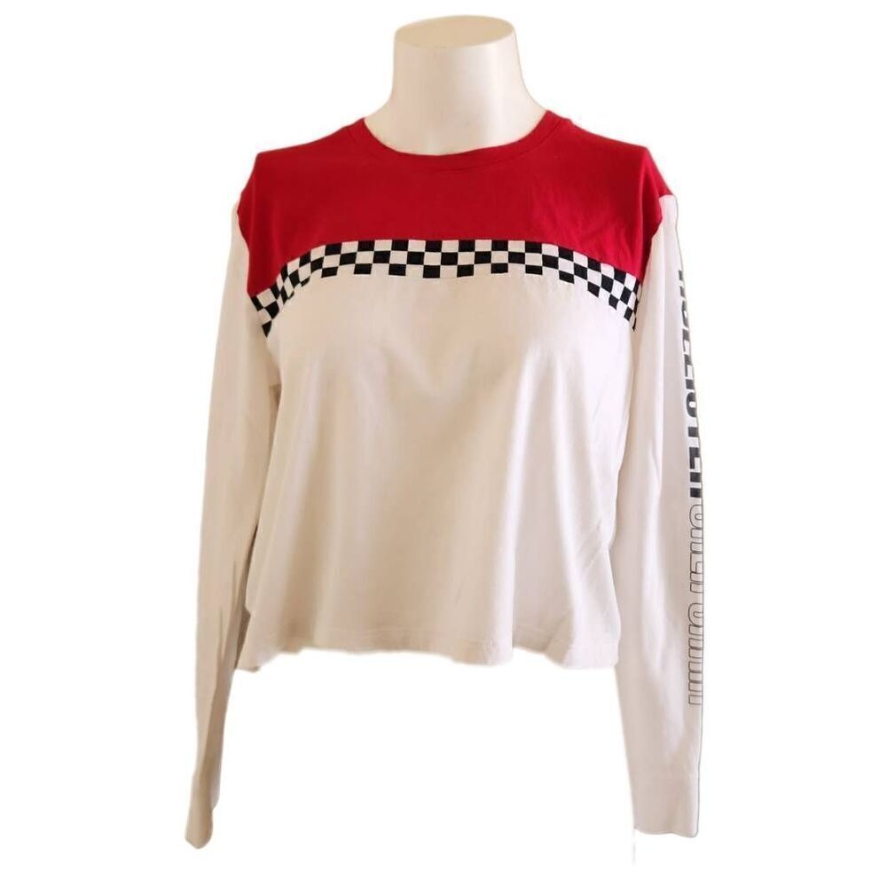 Hollister small race track checker cotton crop top long sleeve t-shirt red white